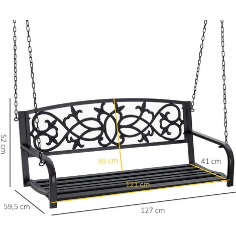 Outsunny Banco Columpio De 2 Plazas Banco Colgante De Acero Con Reposabrazos Carga Máx. 240 Kg Para Jardín Terraza Balcón Exterior 127x59,5x52cm Negro 2 Outsunny Banco Columpio De 2 Plazas Banco Colgante De Acero Con Reposabrazos Carga Máx. 240 Kg Para Jardín Terraza Balcón Exterior 127x59,5x52cm Negro - Imagen 2