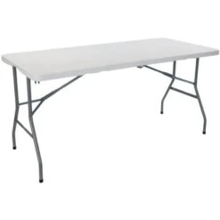 Mesa Catering Plegable Rectangular Portatil Blanca 150 Cm ORION91 Mesa Multiusos: Camping, Eventos En Espacios Exteriores O Interiores Mesa Resina Y Patas Acero 2-4 Personas Y Carga De 150kg