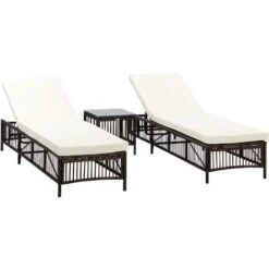 Outsunny Conjunto De 2 Tumbonas De Jardín Tumbonas De Mimbre Tejido Mesa De Tapa Vidrio Respaldo Reclinable De 5 Posiciones Cojines Suaves 196x54x32cm