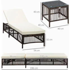 Outsunny Conjunto De 2 Tumbonas De Jardín Tumbonas De Mimbre Tejido Mesa De Tapa Vidrio Respaldo Reclinable De 5 Posiciones Cojines Suaves 196x54x32cm -Mano Mano Ventas 82895234 3