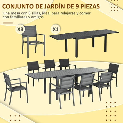 Outsunny Conjunto Muebles De Jardín 9 Piezas Juego De Muebles Para Terraza Con Mesa Extensible Y 8 Sillas Apilables Marco De Aluminio 135-270x89x74 Cm 4 Outsunny Conjunto Muebles De Jardín 9 Piezas Juego De Muebles Para Terraza Con Mesa Extensible Y 8 Sillas Apilables Marco De Aluminio 135-270x89x74 Cm - Imagen 4