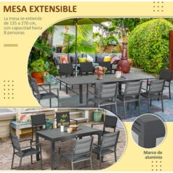 Outsunny Conjunto Muebles De Jardín 9 Piezas Juego De Muebles Para Terraza Con Mesa Extensible Y 8 Sillas Apilables Marco De Aluminio 135-270x89x74 Cm 9 Outsunny Conjunto Muebles De Jardín 9 Piezas Juego De Muebles Para Terraza Con Mesa Extensible Y 8 Sillas Apilables Marco De Aluminio 135-270x89x74 Cm -Mano Mano Ventas 83742850 5