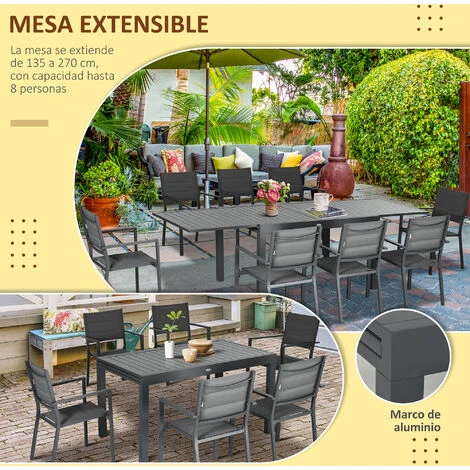 Outsunny Conjunto Muebles De Jardín 9 Piezas Juego De Muebles Para Terraza Con Mesa Extensible Y 8 Sillas Apilables Marco De Aluminio 135-270x89x74 Cm 5 Outsunny Conjunto Muebles De Jardín 9 Piezas Juego De Muebles Para Terraza Con Mesa Extensible Y 8 Sillas Apilables Marco De Aluminio 135-270x89x74 Cm - Imagen 5