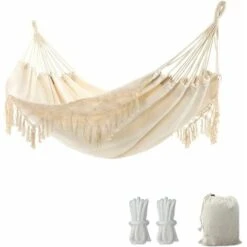 Hamaca De Jardín Con Borlas Elegantes Hamaca De Macramé Para 2 Personas Con Bolsa De Transporte Para Patio, Patio, Exterior E Interior Carga 450 Lb