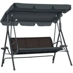 Outsunny Columpio De Jardín De 3 Plazas Banco Balancín Para Exterior Con Toldo Ajustable Asiento De Ratán 2 Portavasos 2 Bandejas 204x112x150 Cm