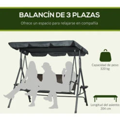 Outsunny Columpio De Jardín De 3 Plazas Banco Balancín Para Exterior Con Toldo Ajustable Asiento De Ratán 2 Portavasos 2 Bandejas 204x112x150 Cm -Mano Mano Ventas 88780765 4