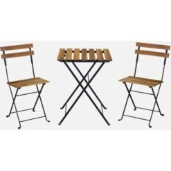 Mesa De Jardín Bistro De Madera Y Metal, 55 X 54 Cm, Sillas Plegables