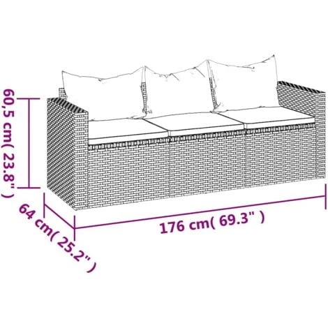 Sofá De Jardín De 3 Plazas Con Cojines Ratán Sintético Marrón VidaXL 3 Sofá De Jardín De 3 Plazas Con Cojines Ratán Sintético Marrón VidaXL - Imagen 3
