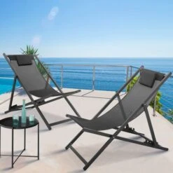 Juego De 2 Tumbonas Plegables De Acero Y Textileno Gris Antracita LOTA