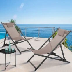 Juego De 2 Tumbonas Plegables De Acero Y Textileno En Color Topo LOTA