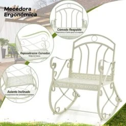 COSTWAY Mecedora De Metal Para Exterior, Respaldo Ergonómico Y Apoyabrazos, Mecedora Para Patio, Silla Balancín Para Terraza, Piscina, Balcón,77 X 60 X 90 Cm, Blanco -Mano Mano Ventas 90784030 5