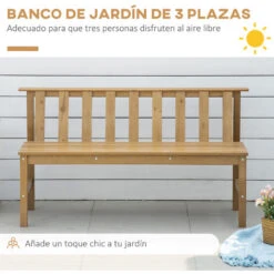 Outsunny Banco De Jardín De 3 Plazas Banco Exterior De Madera Con Respaldo De Listones Para Terraza Patio Balcón Carga 360 Kg 144x60x77 Cm Natural -Mano Mano Ventas 91086132 4