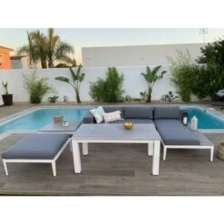 Muebles De Jardín CONJUNTOS SOFÁ Santorini 6 Plazas 1 Sofa Chaise Longue, 2 Mesas Y 1 Puf KieferGarden
