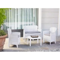 Dmora Salón De Jardín Ostuni, Conjunto De Jardín Con 2 Sillones, 1 Sofá Y 1 Mesa De Centro, Zona De Estar Efecto Ratán Con Cojines, 100% Made In Italy, Blanco -Mano Mano Ventas 96108962 5