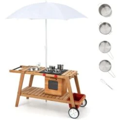 COSTWAY Cocina Infantil De Madera, Cocina De Juego De Madera Para Exterior Con Sombrilla De Sol, Horno Asador Simulado, Caja De Almacenamiento Extraíble, Juguete Carrito Para Niños Mayores De 3 Años