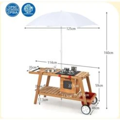 COSTWAY Cocina Infantil De Madera, Cocina De Juego De Madera Para Exterior Con Sombrilla De Sol, Horno Asador Simulado, Caja De Almacenamiento Extraíble, Juguete Carrito Para Niños Mayores De 3 Años -Mano Mano Ventas 96529315 5