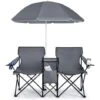 COSTWAY Sillas De Camping Con Sombrilla Silla Plegable Taburete De Pesca Doble Con Portavasos Para Exterior Picnic Senderismo Barbacoa (Gris)