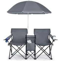 COSTWAY Sillas De Camping Con Sombrilla Silla Plegable Taburete De Pesca Doble Con Portavasos Para Exterior Picnic Senderismo Barbacoa (Gris)