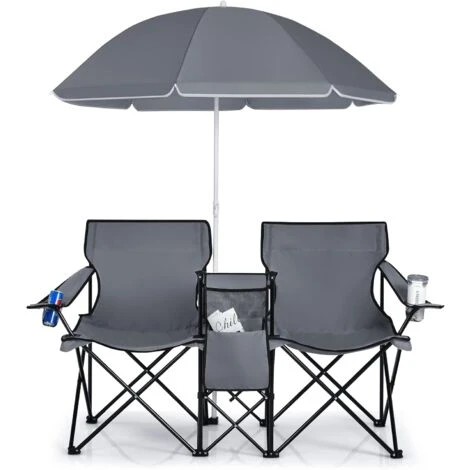 COSTWAY Sillas De Camping Con Sombrilla Silla Plegable Taburete De Pesca Doble Con Portavasos Para Exterior Picnic Senderismo Barbacoa (Gris) 1 COSTWAY Sillas De Camping Con Sombrilla Silla Plegable Taburete De Pesca Doble Con Portavasos Para Exterior Picnic Senderismo Barbacoa (Gris)