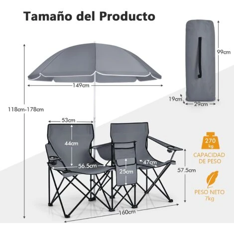 COSTWAY Sillas De Camping Con Sombrilla Silla Plegable Taburete De Pesca Doble Con Portavasos Para Exterior Picnic Senderismo Barbacoa (Gris) 5 COSTWAY Sillas De Camping Con Sombrilla Silla Plegable Taburete De Pesca Doble Con Portavasos Para Exterior Picnic Senderismo Barbacoa (Gris) - Imagen 5