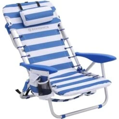 Songmics Silla Playera Portátil Con Reposacabezas Removible, Silla Playera Plegable Con Respaldo Ajustable Hasta 180°, Con Porta Vasos Y Bolsillo, Rayas Azules Y Blancas