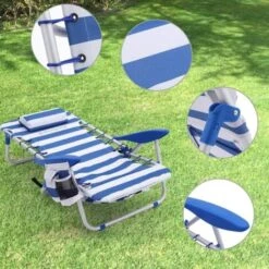Songmics Silla Playera Portátil Con Reposacabezas Removible, Silla Playera Plegable Con Respaldo Ajustable Hasta 180°, Con Porta Vasos Y Bolsillo, Rayas Azules Y Blancas -Mano Mano Ventas 96926189 3
