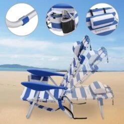 Songmics Silla Playera Portátil Con Reposacabezas Removible, Silla Playera Plegable Con Respaldo Ajustable Hasta 180°, Con Porta Vasos Y Bolsillo, Rayas Azules Y Blancas -Mano Mano Ventas 96926189 4