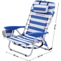 Songmics Silla Playera Portátil Con Reposacabezas Removible, Silla Playera Plegable Con Respaldo Ajustable Hasta 180°, Con Porta Vasos Y Bolsillo, Rayas Azules Y Blancas -Mano Mano Ventas 96926189 5