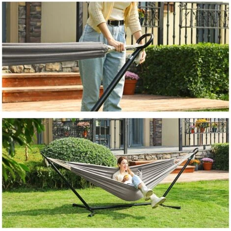 Songmics Hamaca Con Soporte, Hamaca De 210 X 150 Cm, 5 Alturas Ajustables, Portátil Con Estructura De Metal, Carga De 240 Kg, Patio, Jardín, Soporte Negro Y Hamaca Gris 3 Songmics Hamaca Con Soporte, Hamaca De 210 X 150 Cm, 5 Alturas Ajustables, Portátil Con Estructura De Metal, Carga De 240 Kg, Patio, Jardín, Soporte Negro Y Hamaca Gris - Imagen 3