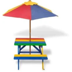 Mesa De Picnic Y Bancos De Niños Y Sombrilla Madera Multicolor VidaXL -Mano Mano Ventas 977755 2