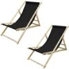 2x Silla De Playa Plegable De Madera Tumbona Negra De Jardín Hamaca Impermeable