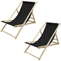 2x Silla De Playa Plegable De Madera Tumbona Negra De Jardín Hamaca Impermeable