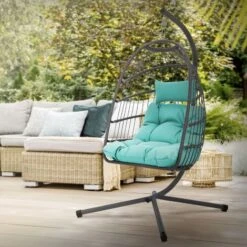 Silla Colgante Interior/exterior Verde Turquesa Columpio Forma De Huevo + Cojín
