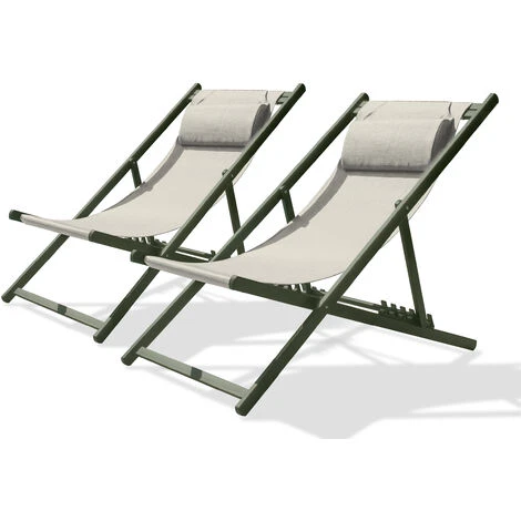 Lote De 2 Tumbonas De Jardín De Lona Gris Y De Aluminio Caqui - CITYGARDEN 1 Lote De 2 Tumbonas De Jardín De Lona Gris Y De Aluminio Caqui - CITYGARDEN